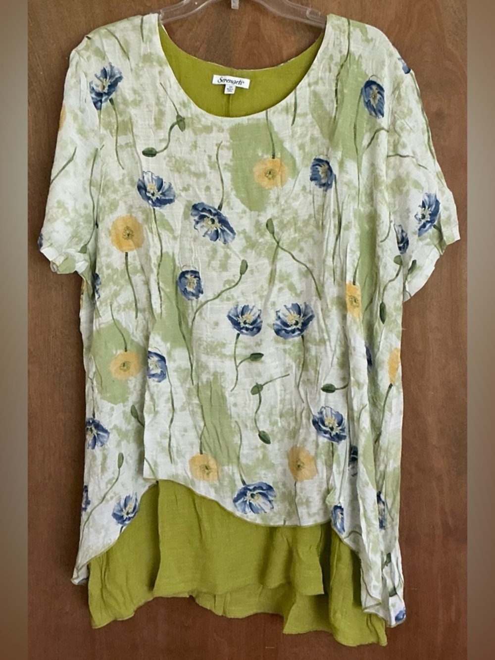 Serengeti Women Botanical Print Double Layered Tunic, Asymmetrical Hanky Hem 3X